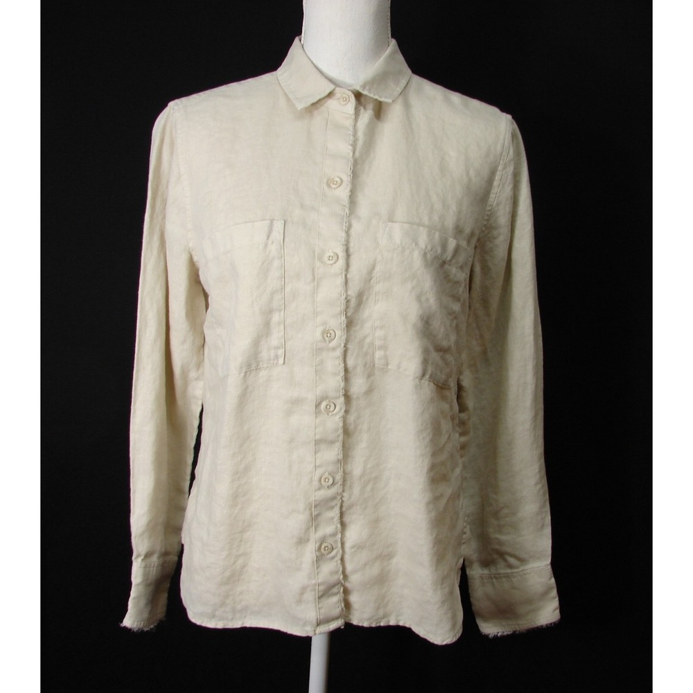 Cloth & Stone Beige Button Up Shirt 100% Linen Size S Coastal Chic Fringe Hems
